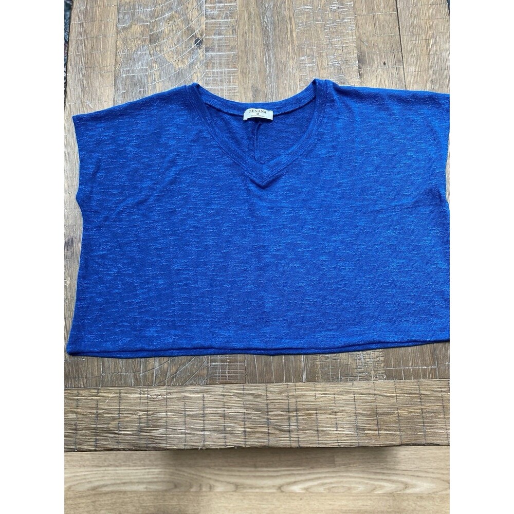 Zenana Royal Blue V-Neck Cropped Boxy Knit Top Tee M Cobalt